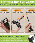 Hands assembling 100ft Drip Irrigation System For Gardens With Pressure Optimized Watering Flow 15 360 Degree Atomizing Nozzles