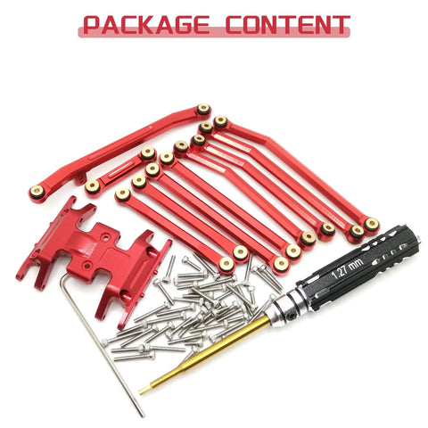Package of aluminum high clearance chassis links and steering links set with 1.27mm RC screwdriver for Axial SCX24 Bronco C10 upgrade.