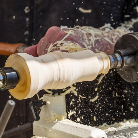 HFS Woodworking Lathe Drive Center MT2 with 1-Inch Crown, front view on a wood lathe turning a piece