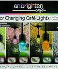 Box of 36 Ft Indoor Outdoor LED Cafe String Lights with Remote Color Changing Modes, showing multiple light colors and remote control.