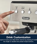 Top Notch Stainless Steel Espresso Machine With Built In Milk Frother For Killer Homemade Lattes And Smooth Cappuccinos Powered By Consistent Nine Bar Pressure And Zero Effort Auto Stop Settings Anytime control panel showing drink customization options.