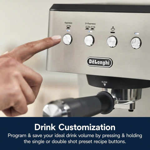 Top Notch Stainless Steel Espresso Machine With Built In Milk Frother For Killer Homemade Lattes And Smooth Cappuccinos Powered By Consistent Nine Bar Pressure And Zero Effort Auto Stop Settings Anytime control panel showing drink customization options.