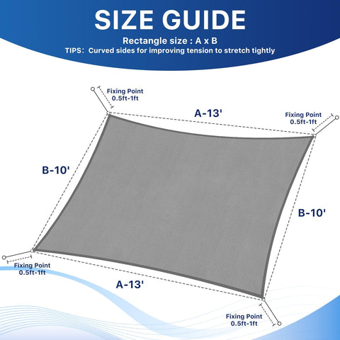 Size guide diagram for 10X13 Sun Shade Sail With UV Protection For Outdoor Patio Garden And Deck Curved Tear Resistant Heavy Duty Shade
