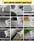 Multi-surface concrete crack filler application on driveway, patio, sidewalk, basement, garage, construction site, parking lot, corners, and garden surfaces.
