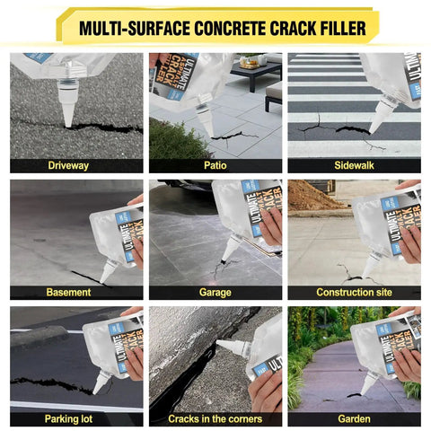 Multi-surface concrete crack filler application on driveway, patio, sidewalk, basement, garage, construction site, parking lot, corners, and garden surfaces.