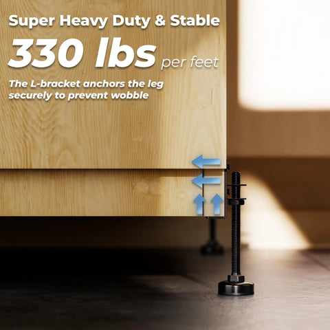 Built Tough L Shaped Furniture Leveling Feet with Adjustable Height Up to 3.5 Inches, demonstrating 330 lbs weight capacity on cabinet