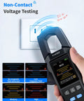 Person using Beast Precision Digital Clamp Meter 600A TRMS with NCV Live Wire Detection on electrical outlet.