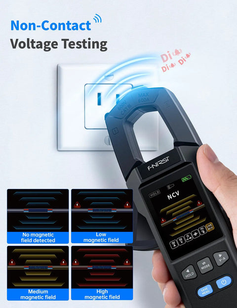 Person using Beast Precision Digital Clamp Meter 600A TRMS with NCV Live Wire Detection on electrical outlet.