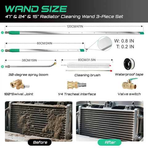 Beefy Radiator Cleaning Wand Set 3 Piece With 47 Inch 24 Inch And 15 Inch Stainless Steel Dual Water And Air Radiator Cleaner