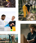 Collage of safety goggles usage in various settings including lab, construction, and gardening.