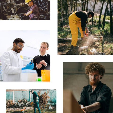 Collage of safety goggles usage in various settings including lab, construction, and gardening.