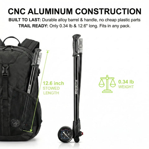 Effortless High Pressure Mountain Bike Shock Pump For Fork And Rear Suspension With 300 PSI next to backpack