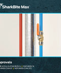 Max 3/4 Inch Push To Connect Brass Ball Valve installed on water pipes with blue and red PEX tubing, no soldering needed.