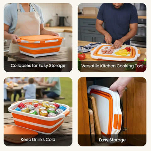 Two Pack 8L Collapsible BBQ Prep Tub With Upgraded Locking Lid Multifunction Camping Cutting Board And Meat Storage Container in use