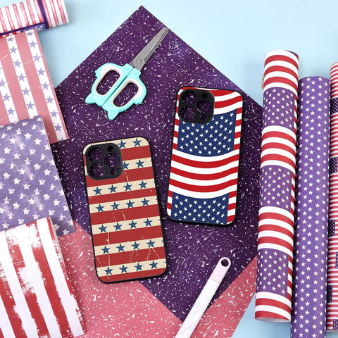 Independence Day USA Flag Sublimation Transfer Paper 10 Sheets 12x10 For DIY Mugs Tumblers Key Chains And T Shirts Perfect For 4th Of July Crafts And Easy To Cut Ready To Print Designs For Your Creative Projects, featuring tools and cases.