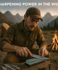 Man sharpening knife with Two Sided Whetstone Knife Sharpening Stone 400/1000 Grit Kit in outdoor camping scene