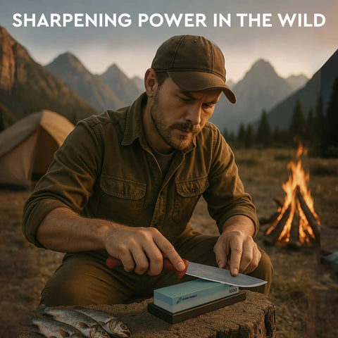 Man sharpening knife with Two Sided Whetstone Knife Sharpening Stone 400/1000 Grit Kit in outdoor camping scene