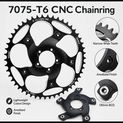 Chain Ring Sprocket Crank For Bafang BBSHD 130BCD Dope Aluminum Spider Adapter Kit 39T To 60T Compatible With EBike Motors CNC Machined 7075-T6 Strength Black 60T showing 7075-T6 aluminum chainring with narrow-wide teeth and 130BCD adapter