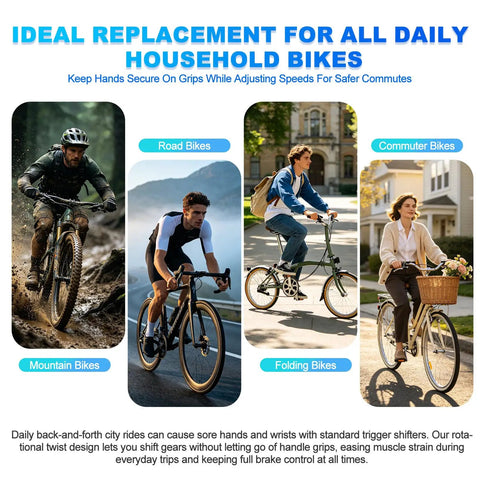 Mountain, road, folding, and commuter bikes showcasing Revoshift 3x7 Speed Shifter Set For Mountain Bikes With Left And Right Levers.