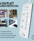 8-Outlet Surge Protector Power Strip With 4200 Joules, USB-C And USB-A Ports, Flat Plug, shown with 5 standard ports and LEDs