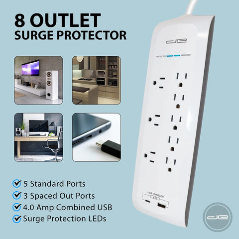8-Outlet Surge Protector Power Strip With 4200 Joules, USB-C And USB-A Ports, Flat Plug, shown with 5 standard ports and LEDs