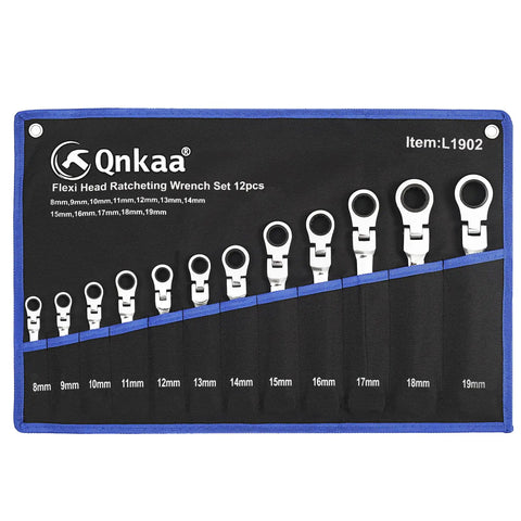 Flexible Ratcheting Wrench Set With 12 Pieces 8 To 19mm Metric Spanner Gear Ring Kit in black pouch