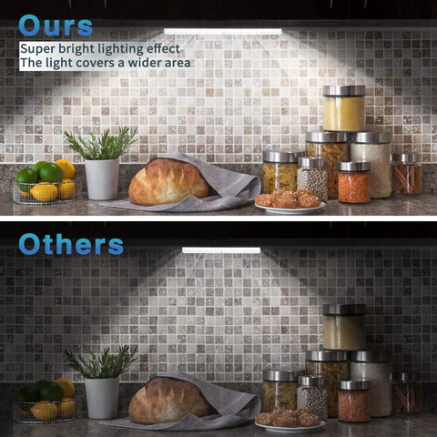 Comparison of Dope 86 LED Wireless Closet Lights with remote, showing bright and wide coverage on kitchen counter.