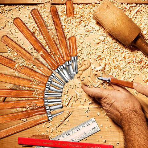Wood Carving Knife Set 20 Piece Kit With Carbon Steel Blades And Electrolytic Coating in use on wood block, ruler nearby.