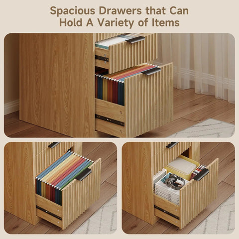Modern Electric Standing Desk With Hella Spacious Storage And Integrated File Cabinet Featuring Slick Motorized Height Adjustment In Rich Oak Brown showing spacious drawers with folders and supplies.