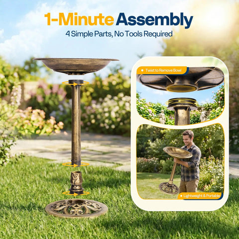 Weather Resistant Outdoor Polyresin Bird Bath With 28 Inch Pedestal And 20 Inch Bowl In Antique Copper Finish for gardens.