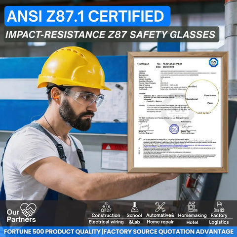 Heavy Hitting Job Site Staples With Crush Proof Clear Lenses Deliver Knockout Durability And Top Tier Ansi Certification In A Smart Bulk Pack Of Six Scratch Resistant Safety Glasses For Men And Women with ANSI test report