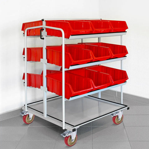 Heavy Duty 5 Inch Swivel Caster Wheels With Brakes Set Of 4 Locking Casters for tables and carts with red storage bins