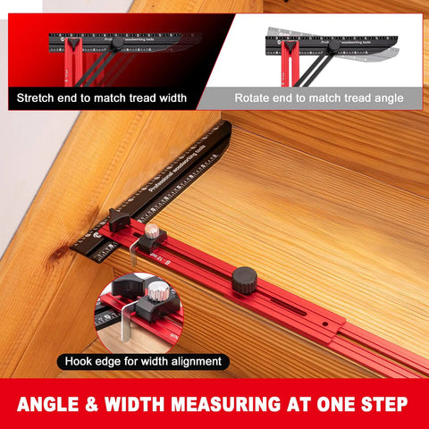 Pro Grade Built Tough Stair Tread Template Tool And Gauge Set For Stairs And Risers, Diy Drywall Cutting And Layout Scribe, shown measuring stair angle on wood surface, durable aluminum jig with CNC anodized finish, red.