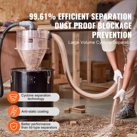 Top Shelf Cyclone Dust Separator With Slick Clear Lid And 4 Inch Adapter For Shop Vacuums Fits 5 To 10 Gallon Tanks Delivering Heavy Duty 99 Point 6 Percent Capture in use, showing clear lid and attached hose.