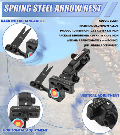 Adjustable Spring Steel Arrow Rest For Compound Bows Aluminum Black With Interchangeable Blades Micro Adjustable Height