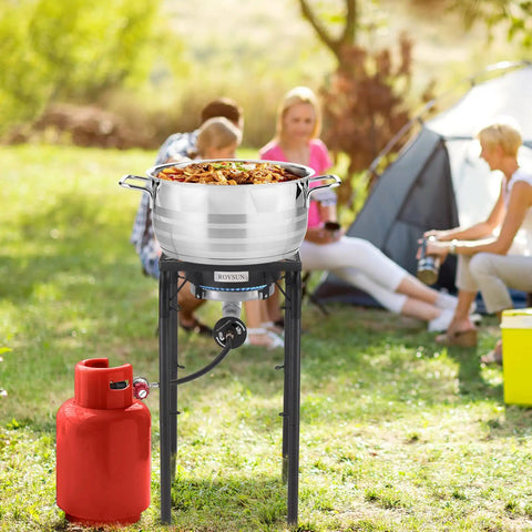 Beast 200000 BTU Propane Burner Outdoor Stove With High Pressure Output and pot at a campsite.