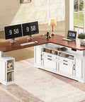 L Shaped Electric Standing Desk With Four Wood Drawers Farmhouse Executive Workstation Height Adjustable Sit Stand Table Home Office Gaming Setup Big Boy Workspace Smooth Motor Rock Solid Build with dual monitors and storage.