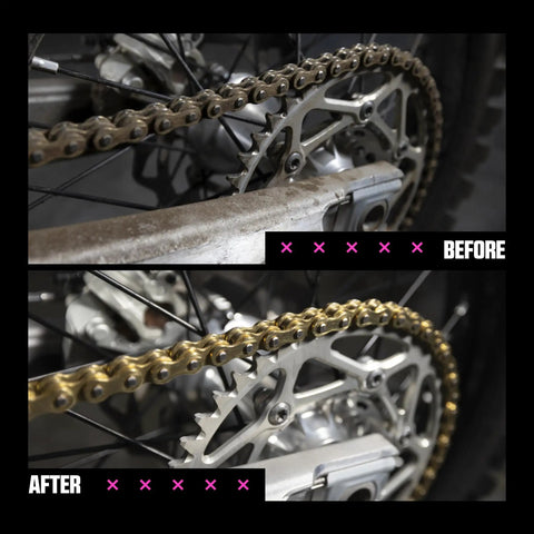 Before and after cleaning a motorcycle chain with Motorcycle Chain Cleaning Brush With Multi Sided Head Cleans Three Sides Of The Chain At Once Plus A Long Scrub Brush To Agitate Dirt From Front And Rear Sprockets For Deep Cleaning And Grime Busting
