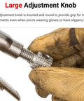 Close-up of a gloved hand adjusting the large knob of six inch long nose locking pliers with deep teeth, showing detailed grip.