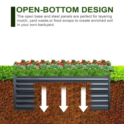 Heavy Duty Metal Raised Bed Garden Kit 8x4x2 Ft Galvanized Planter Boxes with open-bottom design for enhanced soil enrichment.