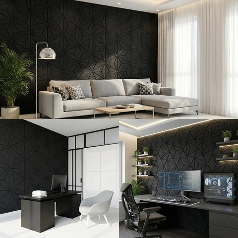 12 Pack Hexagon Acoustic Foam Panels Wall Mounted Self Adhesive Sound Proof Noise Reducing Studio Decor Heavy Duty Black used in modern living and office spaces.