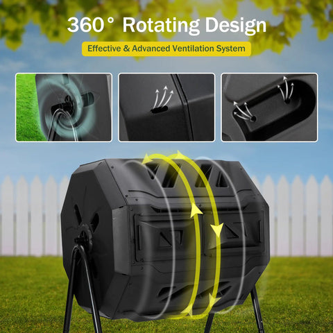 43 Gallon Outdoor Dual Chamber Tumbling Compost Bin With Two Sliding Doors And 360 Degree Rotation for Kitchen Garden Yard
