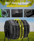 Dual Chamber Rotating Compost Tumbler Bin for Outdoors, 43 Gallon Backyard Garden Kitchen Waste shown with spinning arrows