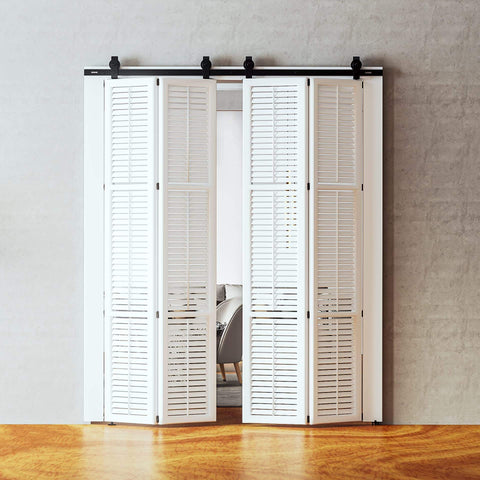 Installed Heavy Duty Four Door Bifold Barn Door Hardware Kit With Black Track And Top Mounted Rollers For Smooth Bifold Sliding Doors Includes Rail Sections Rollers Hinges Floor Guides And Mounting Screws Door Not Included
