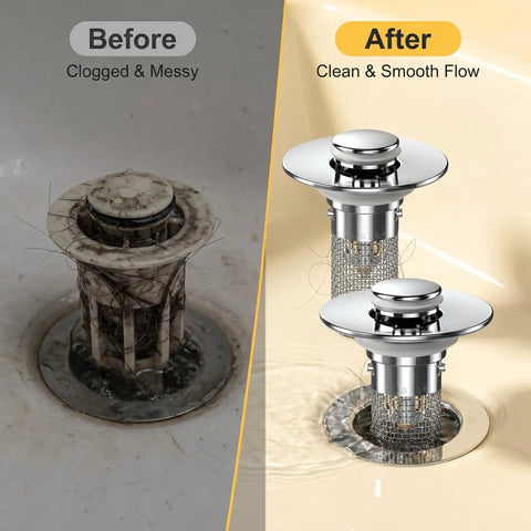 Universal Bathroom Sink Drain Stopper Pop Up Filter With 304 Stainless Steel Hair Catcher Strainer Basket Anti Clog Design Fits US Standard Sinks Bathtubs And Showers For A No Sweat Setup before and after image comparison.