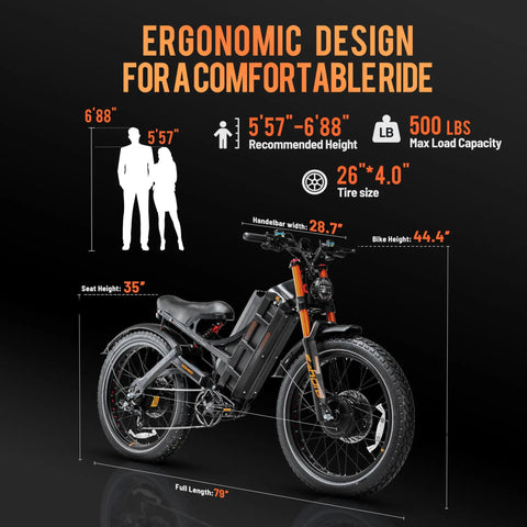 Badass 5600W Dual Motor Electric Mountain Bike For Adults dimensions with ergonomic design for comfort, 26"x4" tires, max load 500 lbs.