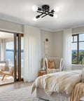 Modern bedroom with Industrial Four Light Semi Flush Mount Ceiling Light Fixture Matte Black Rustic Sputnik Chandelier installed