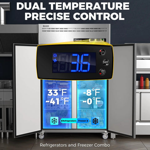 Built Tough Commercial Reach In Refrigerator And Freezer Combo 48 Inch Wide displaying digital temperature controls for dual zones.