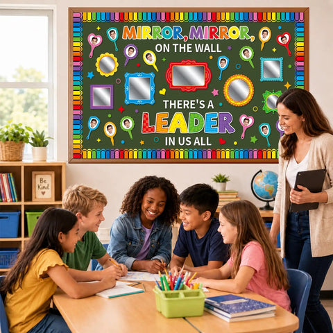 Classroom with Motivational Bulletin Board Set With Mirrors And Paper Cutouts For Classrooms And Offices Affirmation Station Back To School Decor