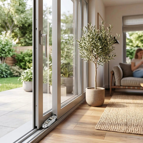 Built Tough 4 Pack Double Wheel Roller Pulleys Slide Like Butter For Sticky Doors Smooth Window Tracks Zero Jam Closet Setup Durable Alloy Steel Quick Fix Everyday Household Gear visible in sliding door setup.